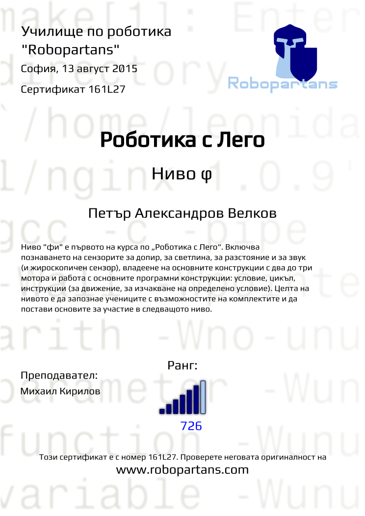 Retiffy certificate 161L27 issued to Петър Александров Велков from template Robopartans with values,city:София,rank:6,teacher1:Михаил Кирилов,name:Петър Александров Велков,date:13 август 2015,points:726