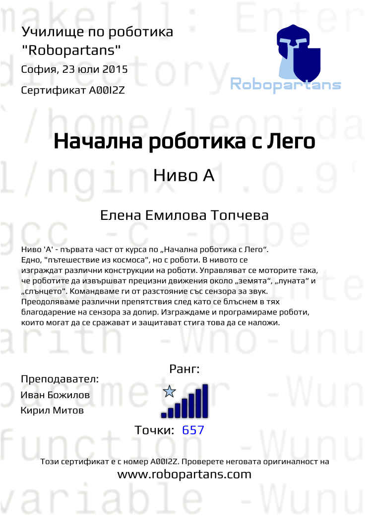 Retiffy certificate A00I2Z issued to Елена Емилова Топчева from template Robopartans with values,city:София,teacher1:Иван Божилов,rank:7,teacher2:Кирил Митов,date:23 юли 2015,name:Елена Емилова Топчева,points:657,has_points:1