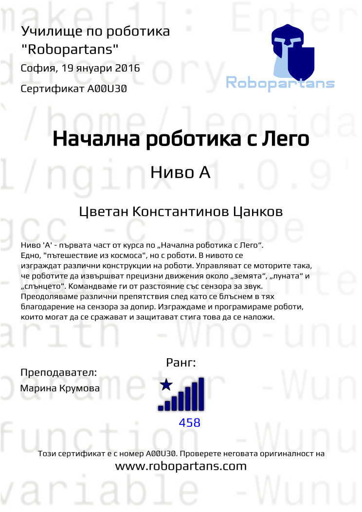 Retiffy certificate A00U30 issued to Цветан Константинов Цанков from template Robopartans with values,city:София,rank:8,teacher1:Марина Крумова,name:Цветан Константинов Цанков,date:19 януари 2016,points:458