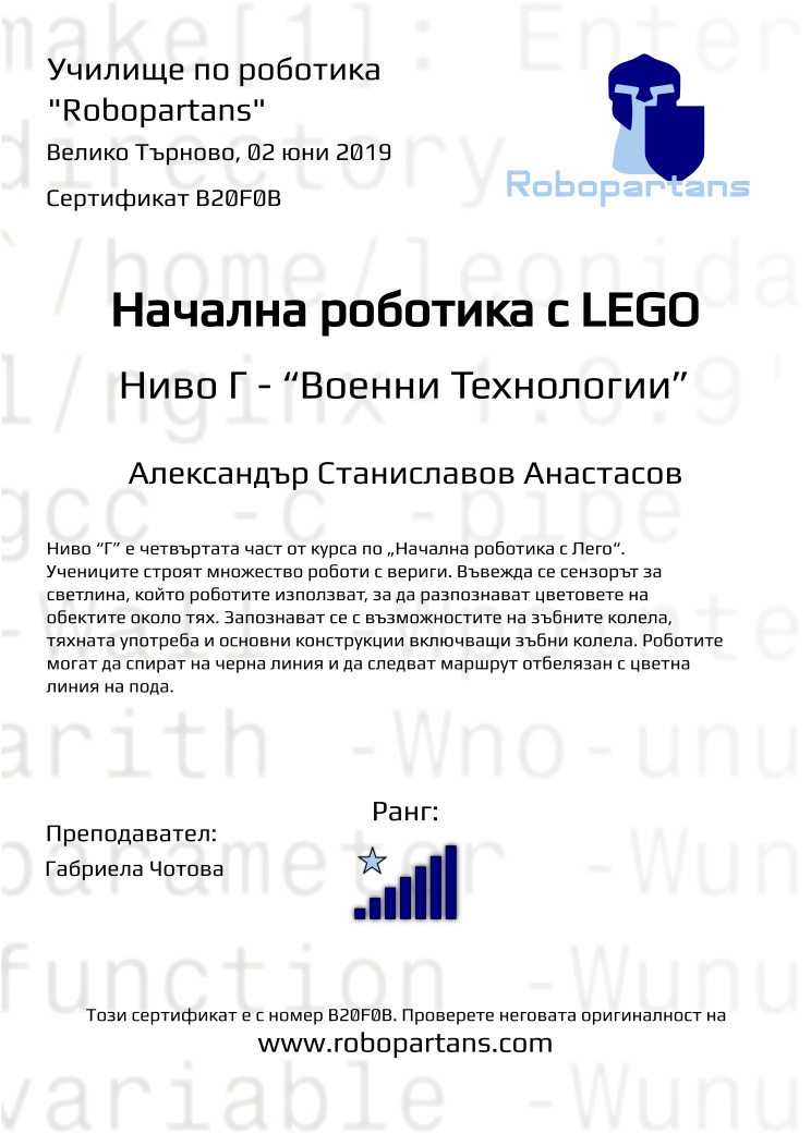 Retiffy certificate B20F0B issued to Александър Станиславов Анастасов from template Robopartans with values,rank:7,city:Велико Търново,teacher1:Габриела Чотова,name:Александър Станиславов Анастасов,date:02 юни 2019