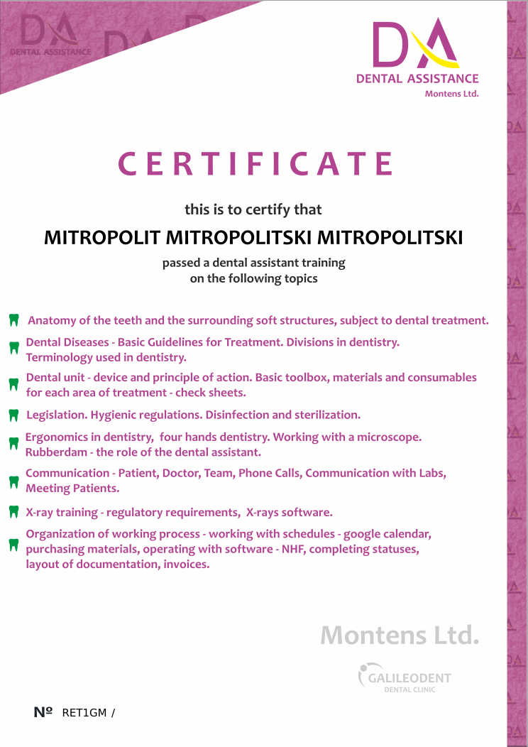 Retiffy certificate RET1GM issued to MITROPOLIT MITROPOLITSKI MITROPOLITSKI from template Dental Assistance Certificate with values,year:2018,name:MITROPOLIT MITROPOLITSKI MITROPOLITSKI,template:Dental Assistance Certificate