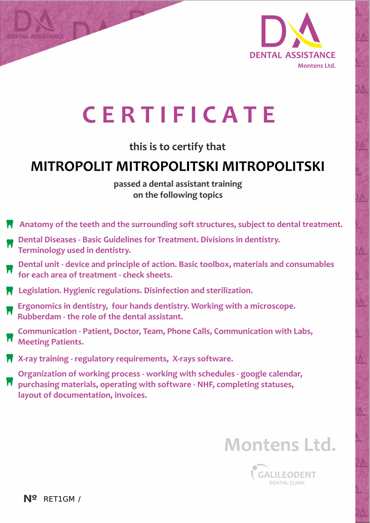Certificate RET1GM issued to MITROPOLIT MITROPOLITSKI MITROPOLITSKI Retiffy certificate RET1GM issued to MITROPOLIT MITROPOLITSKI MITROPOLITSKI from template Dental Assistance Certificate with values,year:2018,name:MITROPOLIT MITROPOLITSKI MITROPOLITSKI,template:Dental Assistance Certificate