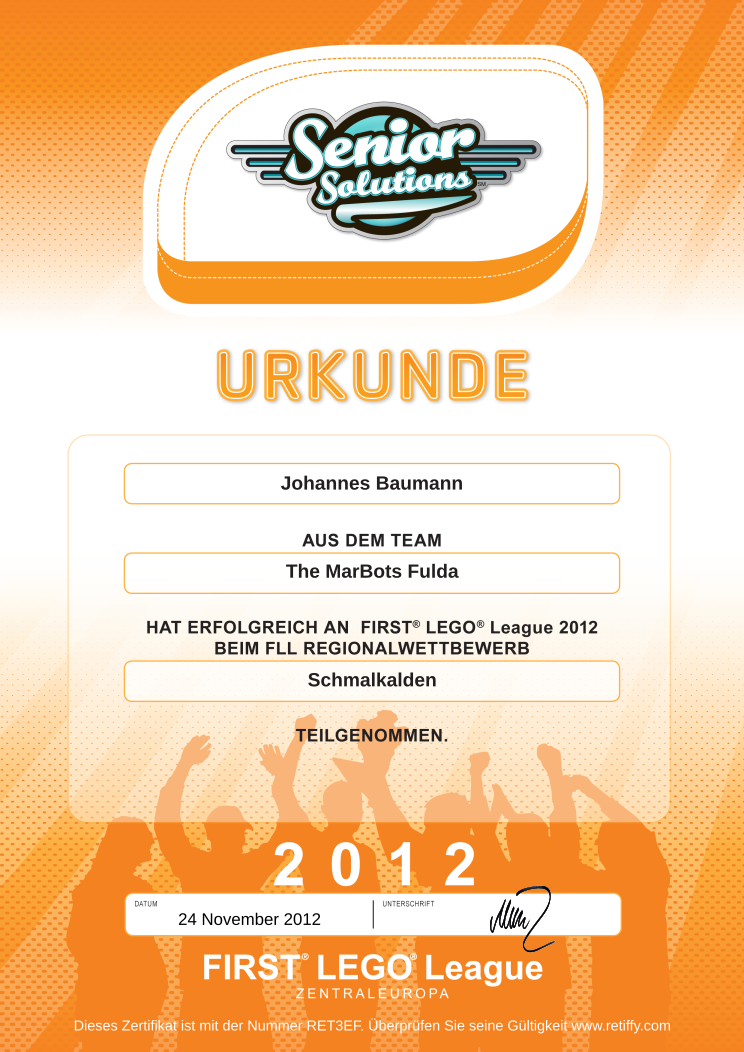 Retiffy certificate RET3EF issued to Baumann Johannes The MarBots Fulda  from template FLL Online Urkunden 2012 DE with values,language:german,template:FLL Online Urkunden 2012 DE,Member Name:Baumann,Member Surename:Johannes,date:24 November 2012,Teamnumber:1396,Region:Schmalkalden,Teamname:The MarBots Fulda