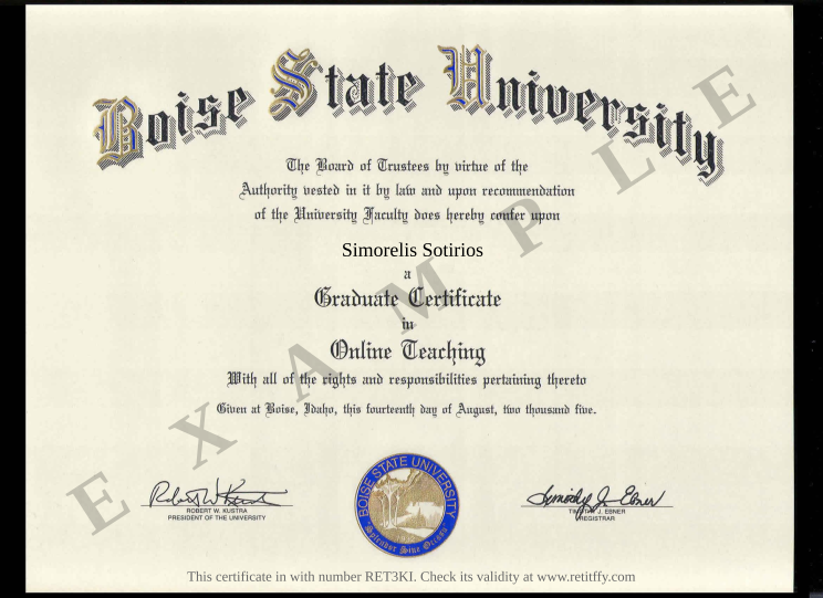 Retiffy certificate RET3KI issued to Simorelis Sotirios from template Boise State University Online Training with values,template:Boise State University Online Training,name:Simorelis Sotirios