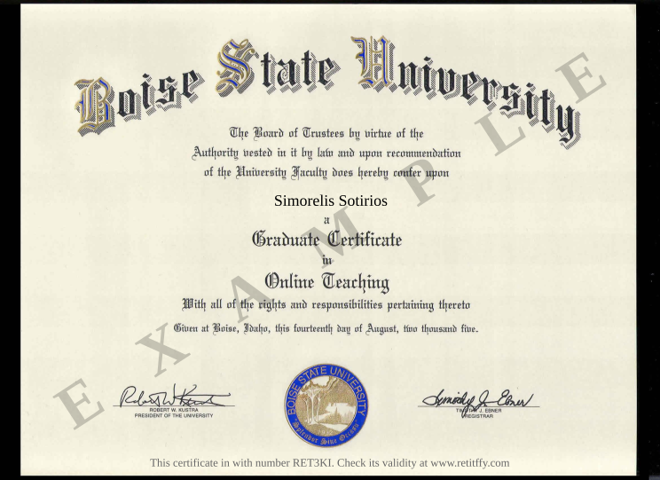 Certificate RET3KI issued to Simorelis Sotirios Retiffy certificate RET3KI issued to Simorelis Sotirios from template Boise State University Online Training with values,template:Boise State University Online Training,name:Simorelis Sotirios