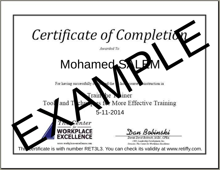 Retiffy certificate RET3L3 issued to Mohamed SALEM from template The Center for Workplace Excellence with values,template:The Center for Workplace Excellence,name:Mohamed SALEM,date:5-11-2014