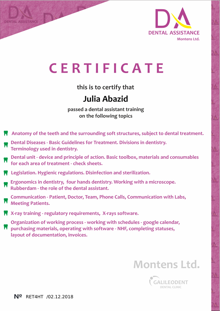 Certificate RET4HT issued to Julia Abazid Retiffy certificate RET4HT issued to Julia Abazid from template Dental Assistance Certificate with values,template:Dental Assistance Certificate,date:02.12.2018,name:Julia Abazid