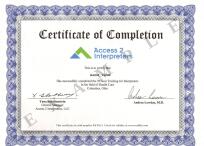 Access 2 Interpreters Certificate, This is an example certificate issued by Access2 Interpreters for a training for Interpreters in the field of Health Care