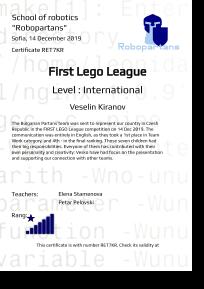 Robopartans Certificate in English, For participation in robotics classes at robopartans