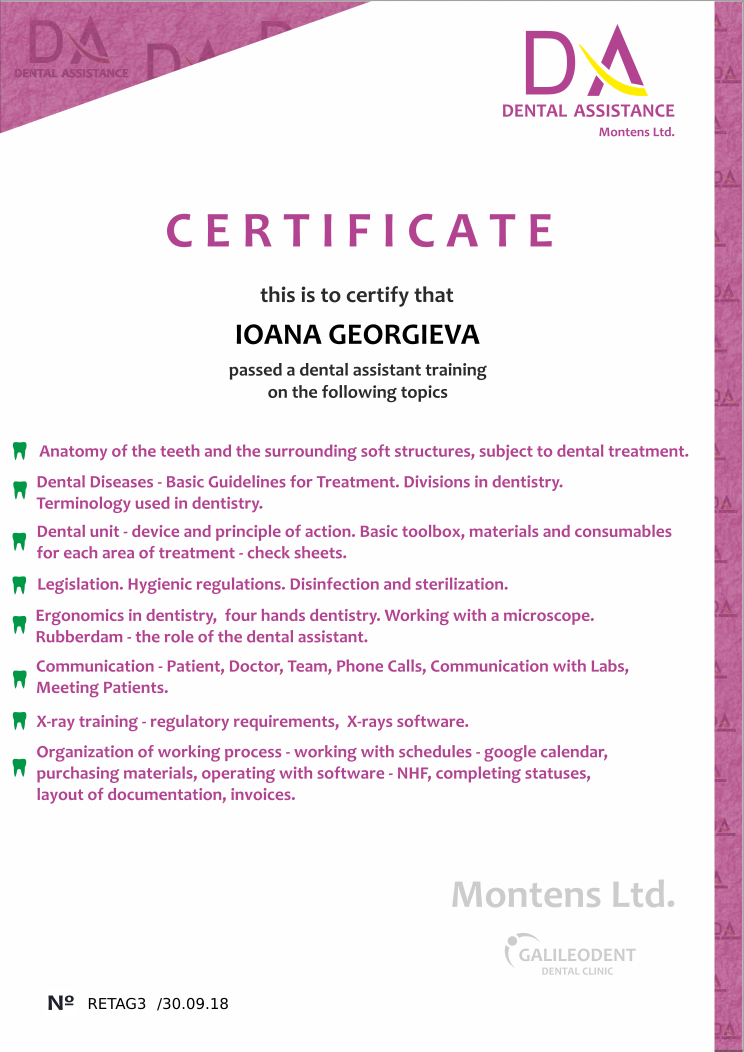 Retiffy certificate RETAG3 issued to IOANA GEORGIEVA from template Dental Assistance Certificate with values,template:Dental Assistance Certificate,name:IOANA GEORGIEVA,date:30.09.18