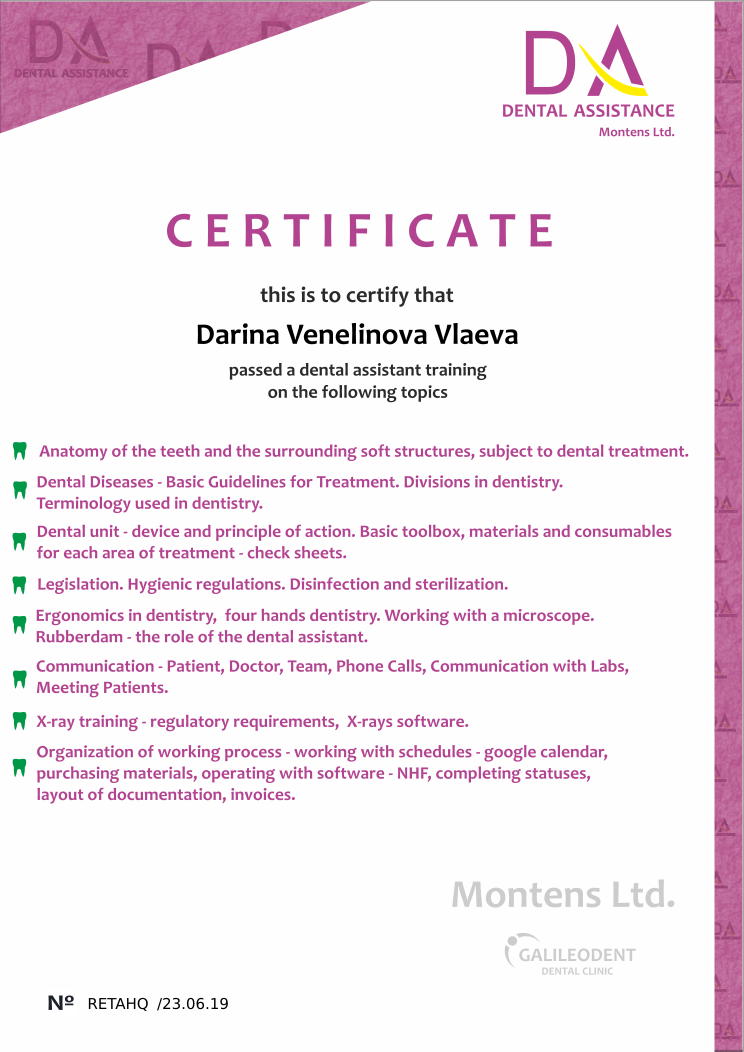 Retiffy certificate RETAHQ issued to Darina Venelinova Vlaeva from template Dental Assistance Certificate with values,template:Dental Assistance Certificate,name:Darina Venelinova Vlaeva,date:23.06.19