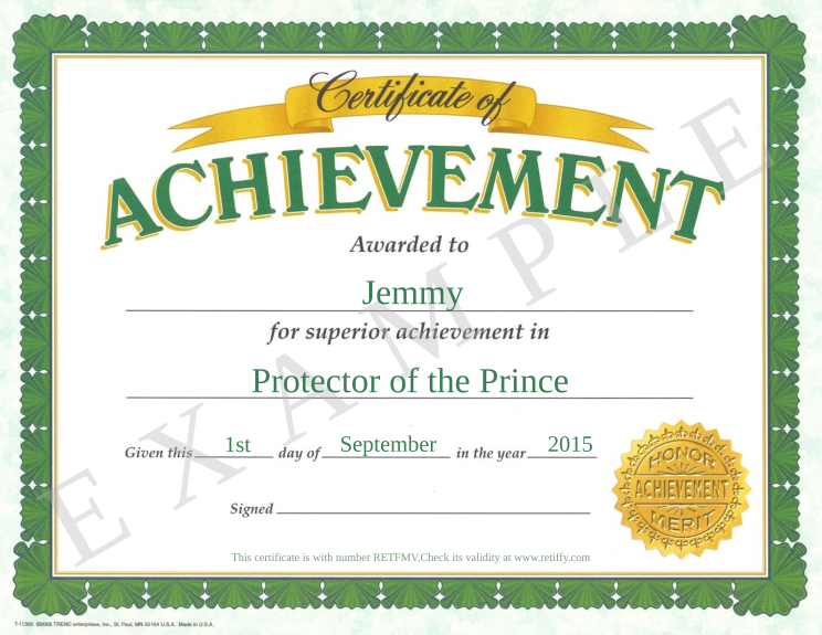 Retiffy certificate RETFMV issued to Jemmy from template Britania Business Education Certificate of Achievement with values,template:Britania Business Education Certificate of Achievement,month:September,year:2015,name:Jemmy,description:Protector of the Prince,day:1st