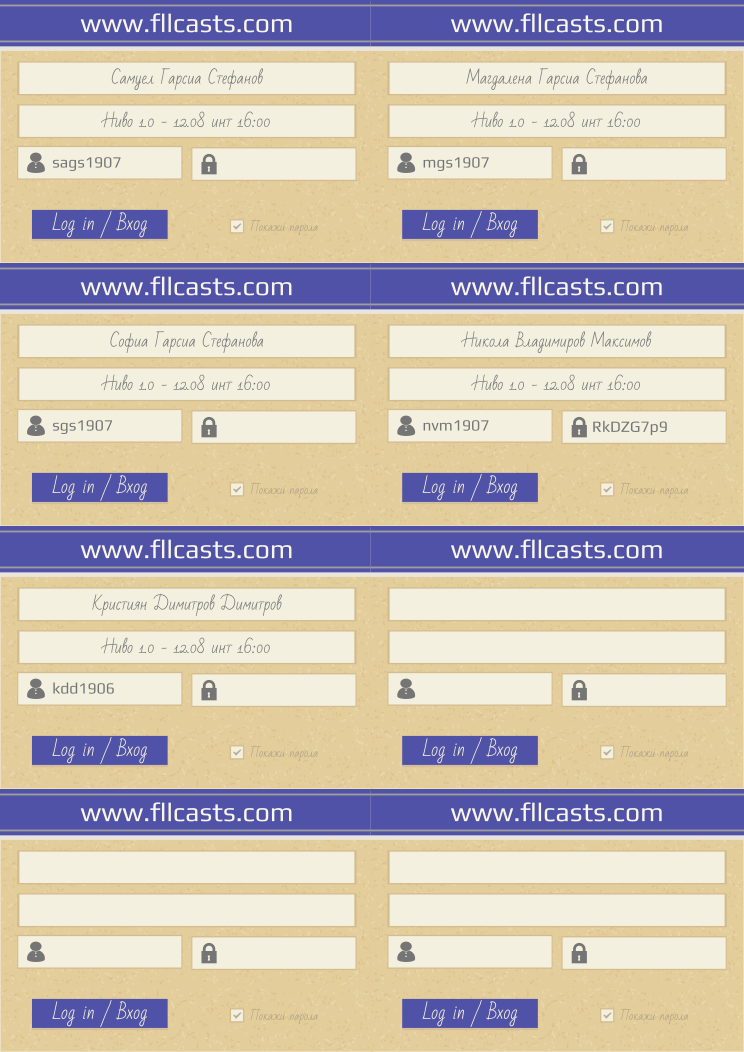 Retiffy certificate RETGKT issued to Самуел Гарсиа Стефанов sags1907 Магдалена Гарсиа Стефанова mgs1907 Софиа Гарсиа Стефанова sgs1907 Никола Владимиров Максимов nvm1907 Кристиян Димитров Димитров kdd1906  from template 8LoginCards2019DesignFllcasts with values,website:www.fllcasts.com,template:8LoginCards2019DesignFllcasts,name1:Самуел Гарсиа Стефанов,group1:Ниво 1.0 - 12.08 инт 16:00,username1:sags1907,name2:Магдалена Гарсиа Стефанова,group2:Ниво 1.0 - 12.08 инт 16:00,username2:mgs1907,name3:Софиа Гарсиа Стефанова,group3:Ниво 1.0 - 12.08 инт 16:00,username3:sgs1907,name4:Никола Владимиров Максимов,group4:Ниво 1.0 - 12.08 инт 16:00,username4:nvm1907,password4:RkDZG7p9,name5:Кристиян Димитров Димитров,group5:Ниво 1.0 - 12.08 инт 16:00,username5:kdd1906