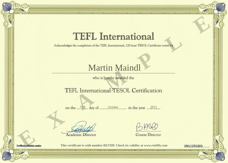 Retiffy certificate RETIIP issued to Martin Maindl from template EnglishGoes TEFL International with values,year:2013,template:EnglishGoes TEFL International,month:October,name:Martin Maindl,day:15th
