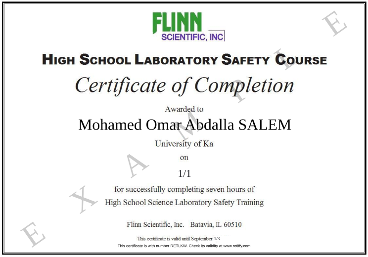 Retiffy certificate RETLKW issued to Mohamed Omar Abdalla SALEM from template Flinn Scientific Laboratory Safety  with values,template:Flinn Scientific Laboratory Safety ,name:Mohamed Omar Abdalla SALEM,date:1/1,valid_until:1/3