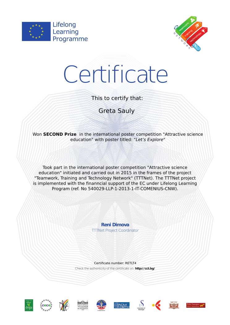 Retiffy certificate RETLT4 issued to Greta Sauly from template tttnet poster competition with values,template:tttnet poster competition,prize:SECOND Prize ,title:&quot;Let’s Explore&quot;,name:Greta Sauly