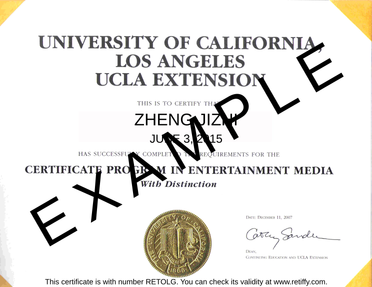 Retiffy certificate RETOLG issued to ZHENG JIZHI from template University of California, Los Angeles UCLA Extension with values,template:University of California, Los Angeles UCLA Extension,name:ZHENG JIZHI,date:JUNE 3, 2015