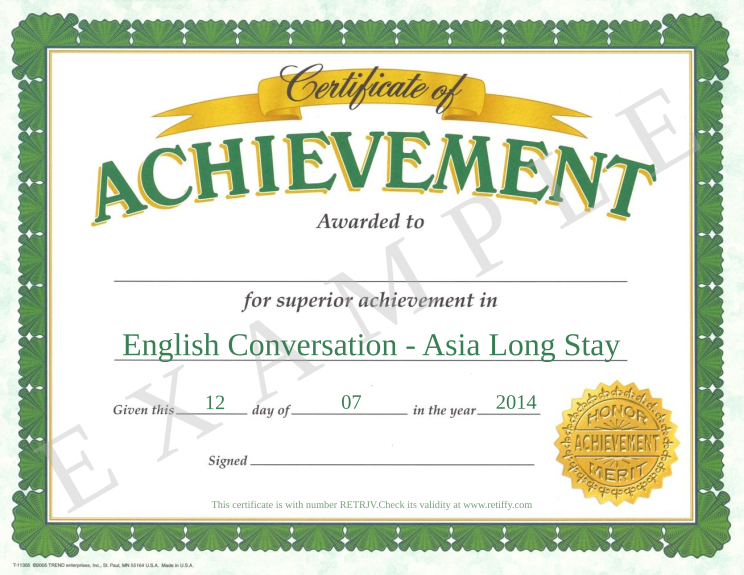 Retiffy certificate RETRJV issued to  from template Britania Business Education Certificate of Achievement with values,template:Britania Business Education Certificate of Achievement,day:12,year:2014,month:07,description:English Conversation - Asia Long Stay