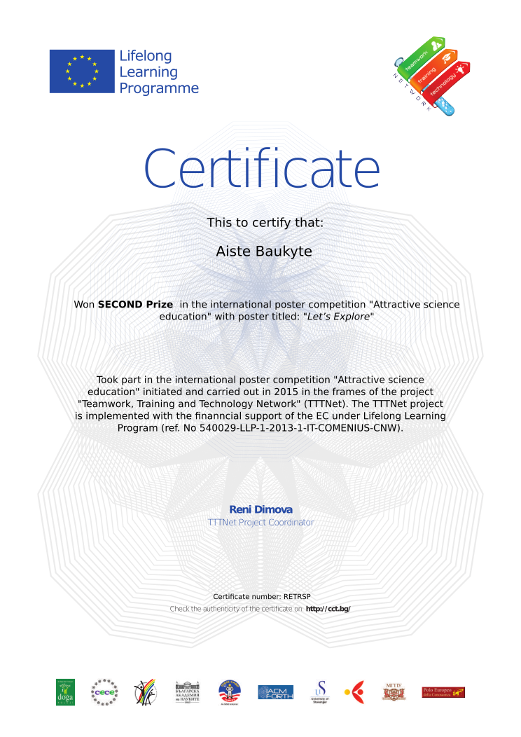 Retiffy certificate RETRSP issued to Aiste Baukyte from template tttnet poster competition with values,template:tttnet poster competition,name:Aiste Baukyte,prize:SECOND Prize ,title:&quot;Let’s Explore&quot;