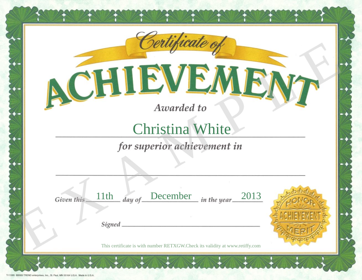 Retiffy certificate RETXGW issued to Christina White from template Britania Business Education Certificate of Achievement with values,year:2013,template:Britania Business Education Certificate of Achievement,name:Christina White,day:11th,month:December