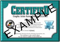Graphic Artist-Screen Printing (CGA-SP) Certificate of Achievement, This is an example for a certificate issued by the Graphic Artist-Screen Printing (CGA-SP).
